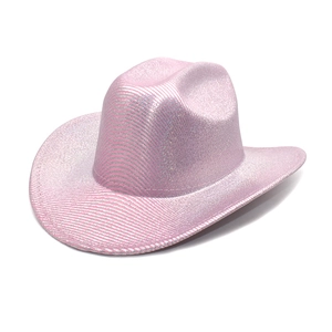 Pink metallic western cowboy hat with sparkling fiber weave and curved brim