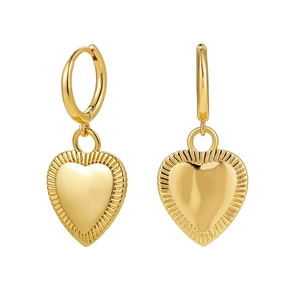 Detailed close-up of 18K gold-plated heart earrings with radiant texture and hoop clasp