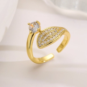 Elegant Copper Open Adjustable Ring For Women 18K Gold Plated Cubic Zirconia Butterfly Leaf Geometric Design