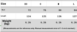 Detailed size chart for the asymmetric silk halter dress showing chest and length in cm