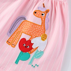 Pink striped girls summer dress with cute unicorn embroidery and floral patches