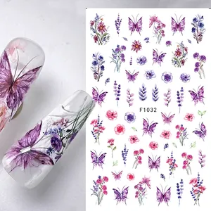 Macro detail of purple butterfly and lavender flower self-adhesive nail art stickers