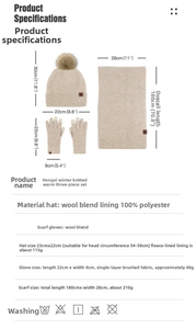 Detailed size chart for winter knit hat, scarf and warm gloves set with dimensions