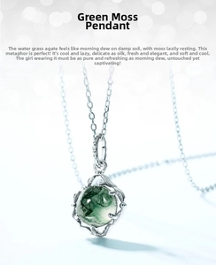 Macro detail of natural green moss agate pendant in s925 silver six-prong setting
