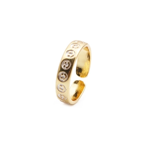 Fashionable gold plated adjustable open ring featuring white enamel smiley face patterns