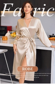 Detailed view of champagne gold satin robe with silk texture and elegant belt tie