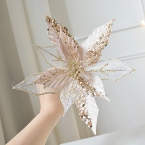 Champagne gold Christmas poinsettia flower with glitter sequins for tree decoration