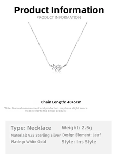 Detailed size specifications for a 925 sterling silver leaf pendant necklace