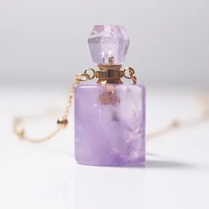 Natural amethyst perfume bottle pendant with 18K gold-plated chain necklace for women