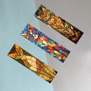 Stained glass mosaic cat bookmarks in a set of three featuring artistic feline designs