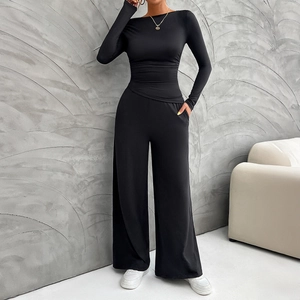 One Shoulder Long Sleeve Top And High Waisted Wide Leg Pants Women Viscose Elastane Pleated Slim Fit Elegant Apparel