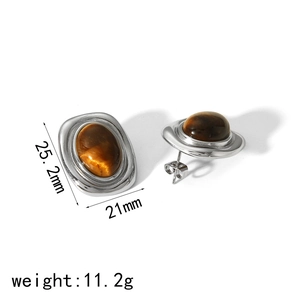 Detailed view of silver oval tiger eye stone earrings with 25.2mm dimensions