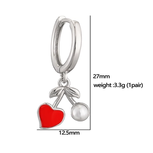 Elegant silver cherry earrings with red heart and pearl pendant, 27mm height dimensions