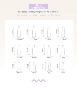 Detailed size guide for press-on nails featuring twelve distinct Asian-fit dimensions