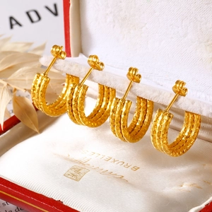 Three-layer gold titanium steel earrings with textured faceted finish and secure backings