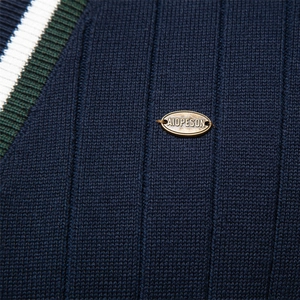 Herren Strickjacke mit V-Ausschnitt, Marineblau, Streifenbesatz und Logo-Detail