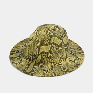 Detail of yellow-green snakeskin pattern on a wide-brim wool fedora hat