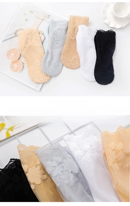 Detail view of breathable floral lace socks in assorted colors with scalloped edges
