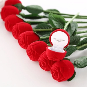 Elegant red rose shaped ring box for proposal, velvet texture packaging for jewelry