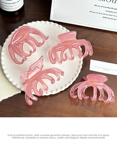 Detail of pink tortoiseshell hair claws with France Handmade text on elegant white plate