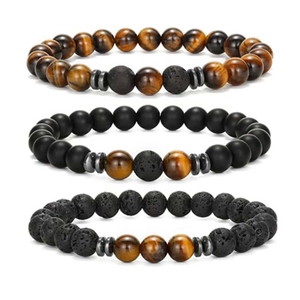 Natural Tiger Eye And Volcanic Lava Stone Beaded Bracelet With Alloy Spacers Retro Elastic Handmade Jewelry For Men And Women