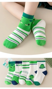 Detail view of five pairs of cotton kids' crew socks featuring snake and stripe patterns