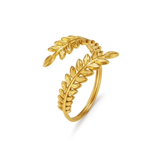 Bague réglable en acier inoxydable doré en forme de branche d'olivier vue à 45 degrés
