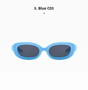 Front view of Y2K oval sunglasses with blue frames and dark gray lenses