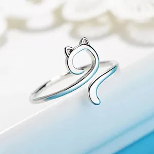 Minimalist silver open cat ring with adjustable geometric design for women