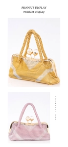 Detail of evening clutch bags with wavy rhinestone textures and beaded top handles