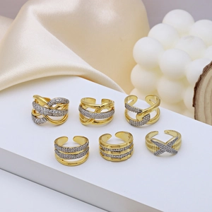 Luxe 18k gold plated X-shaped crisscross rings with zircon stones for women