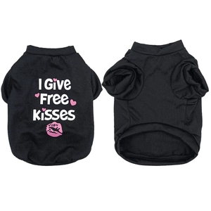 Detail of black cotton dog t-shirt featuring I Give Free Kisses print and pink lip design