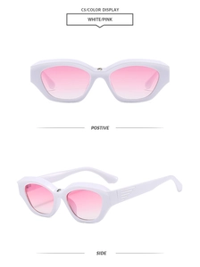Detail view of Y2K sunglasses with white frame and pink gradient lenses from two angles
