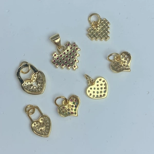 Golden heart-shaped crystal zircon pendants with pixelated design and colorful gems
