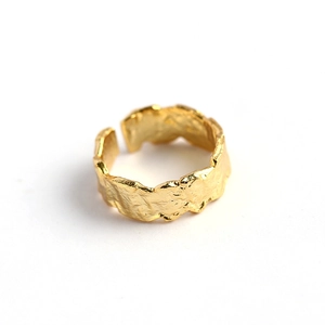 Irregular textured S925 sterling silver open ring with gold finish and crumpled foil pattern