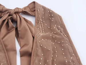 Detail of brown satin neck tie and mesh fabric with delicate beadwork on a festive top