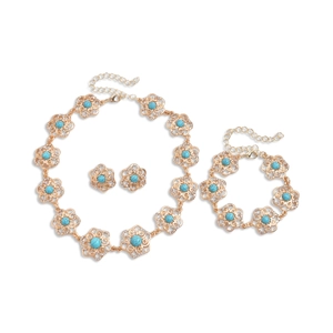 Luxury gold flower jewelry set with turquoise stones and shimmering rhinestones