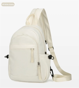 Off-white nylon sling chest backpack detail, multi-use casual daypack with zippers.