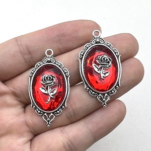 Gothic silver-plated oval rose cameo pendants with red stones for DIY jewelry making
