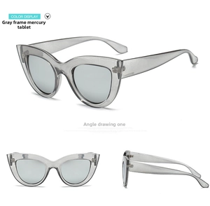 Three angles of retro cat-eye sunglasses with grey transparent frames and silver lenses