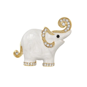Elegant gold elephant brooch with white enamel and sparkling rhinestones for suits