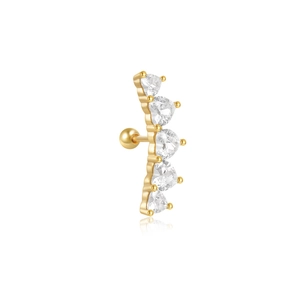 Close-up of golden curved cartilage stud earring with five clear heart-shaped zircons