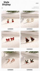 Detailed grid of six festive Christmas stud earrings featuring reindeer and snowflake designs