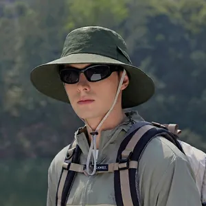 Men's dark green wide brim outdoor sun hat with wind cord for hiking and fishing