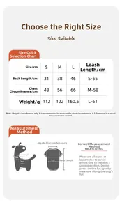 Size chart for dog bathrobe showing back length and chest measurements for S to L