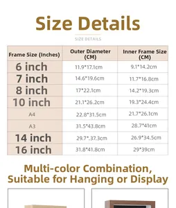 Detailed size chart for 5cm deep hollow wooden shadow box frames from 6 to 16 inch