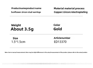 Detailed size specifications for the gold sunflower zircon earrings with dimensions and weight
