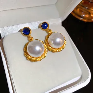 French Vintage Artificial Pearl Earrings With Blue Resin Stone Round Geometric Copper Ear Jewelry And Silver Earring Post For Women