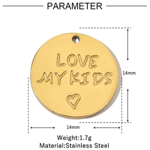 Macro view of 14mm stainless steel round pendant with engraved Love My Kids text and heart