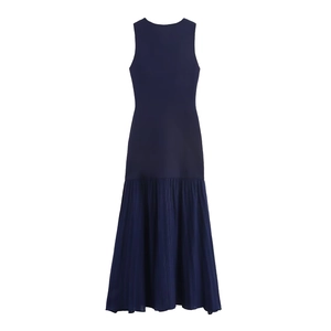 Ärmelloses dunkelblaues Strickkleid mit plissiertem Rockteil und hoher Taille für Damen